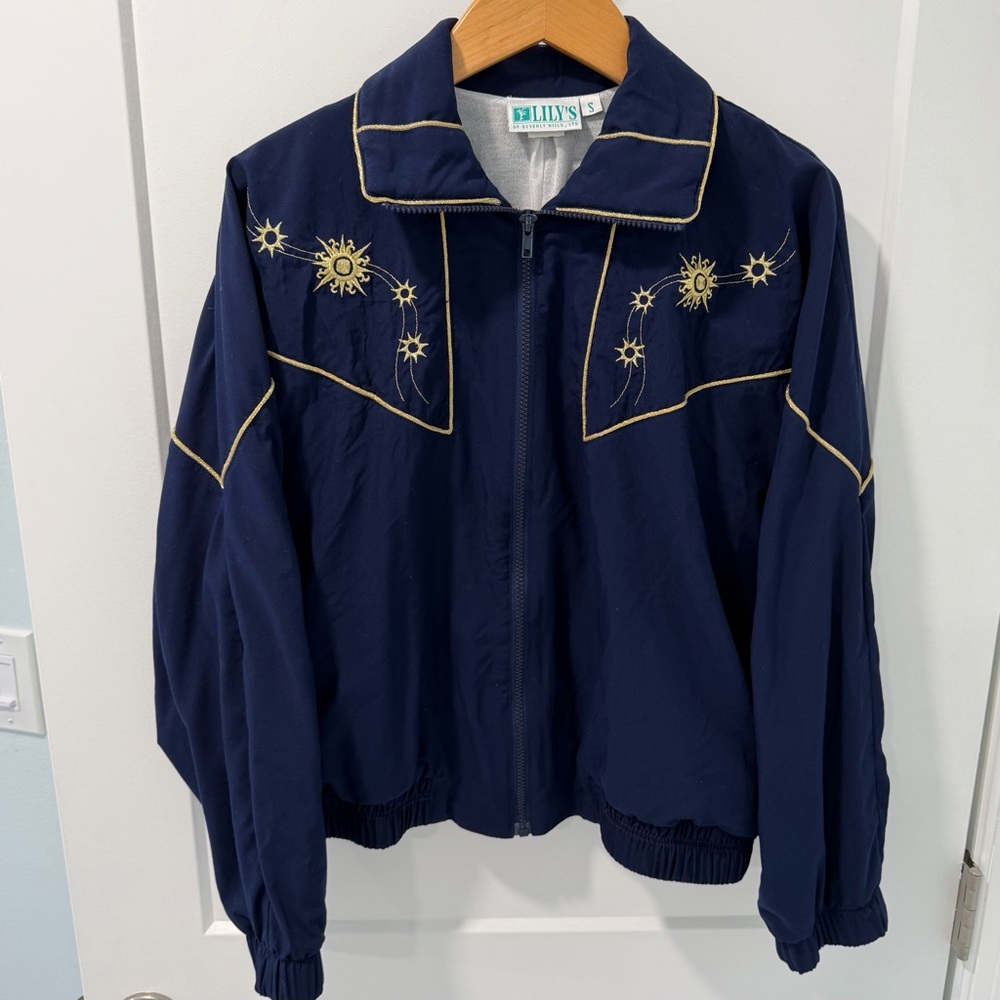 Vntg Lily's of Beverly Hills Blue Gold Stars Celestial Zip Bomber Windbreaker (S